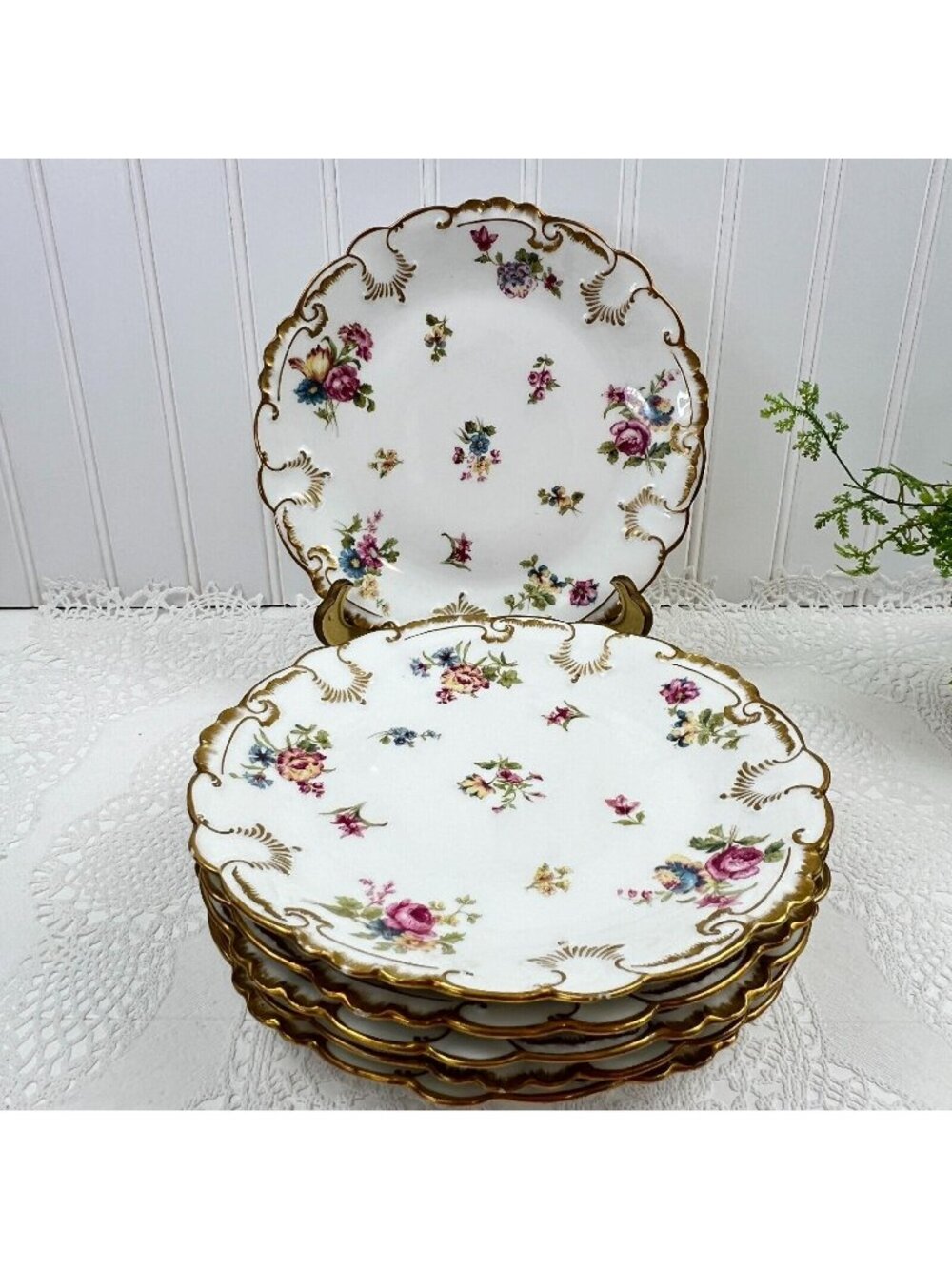 Vtg Limoges GDA Burley & Co Salad Plates Set 6 Gilded Floral France Signed 8.25"